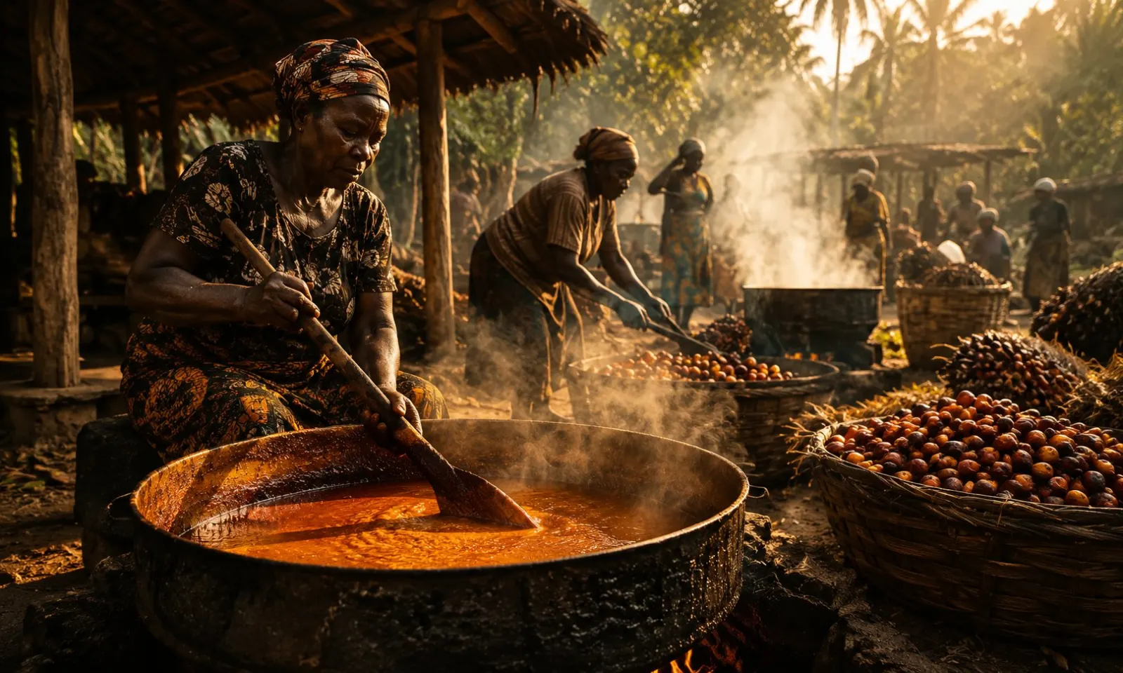 Women processing palm oil at dawn — community craft