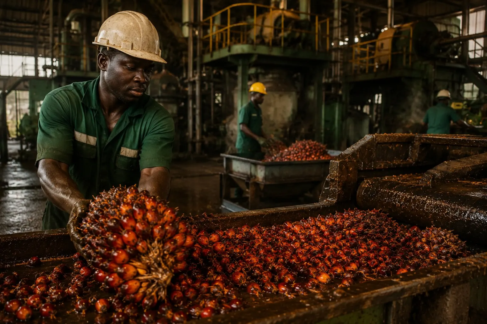 Mill worker handling palm fruits
